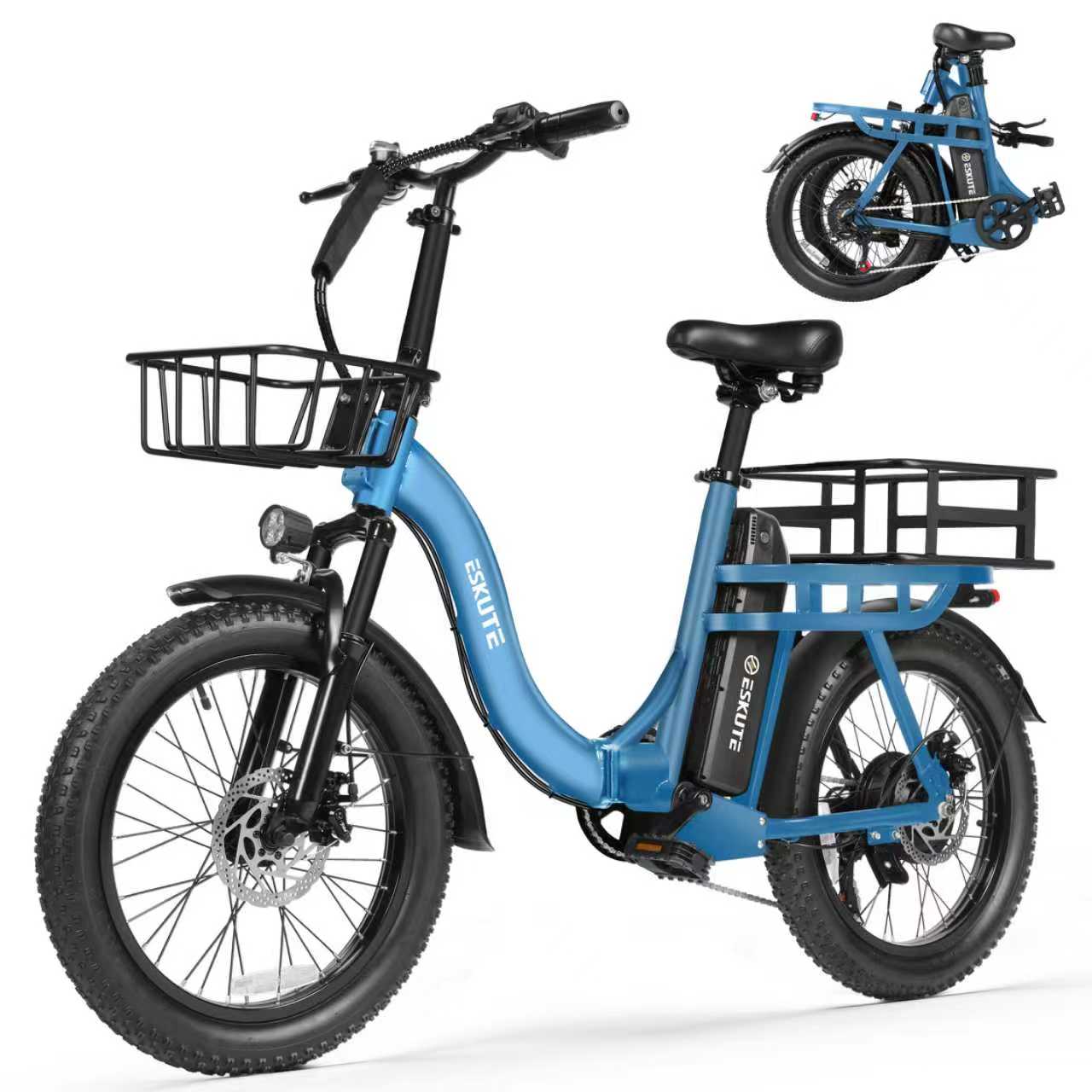 Blue electric bike with a basket on a white background