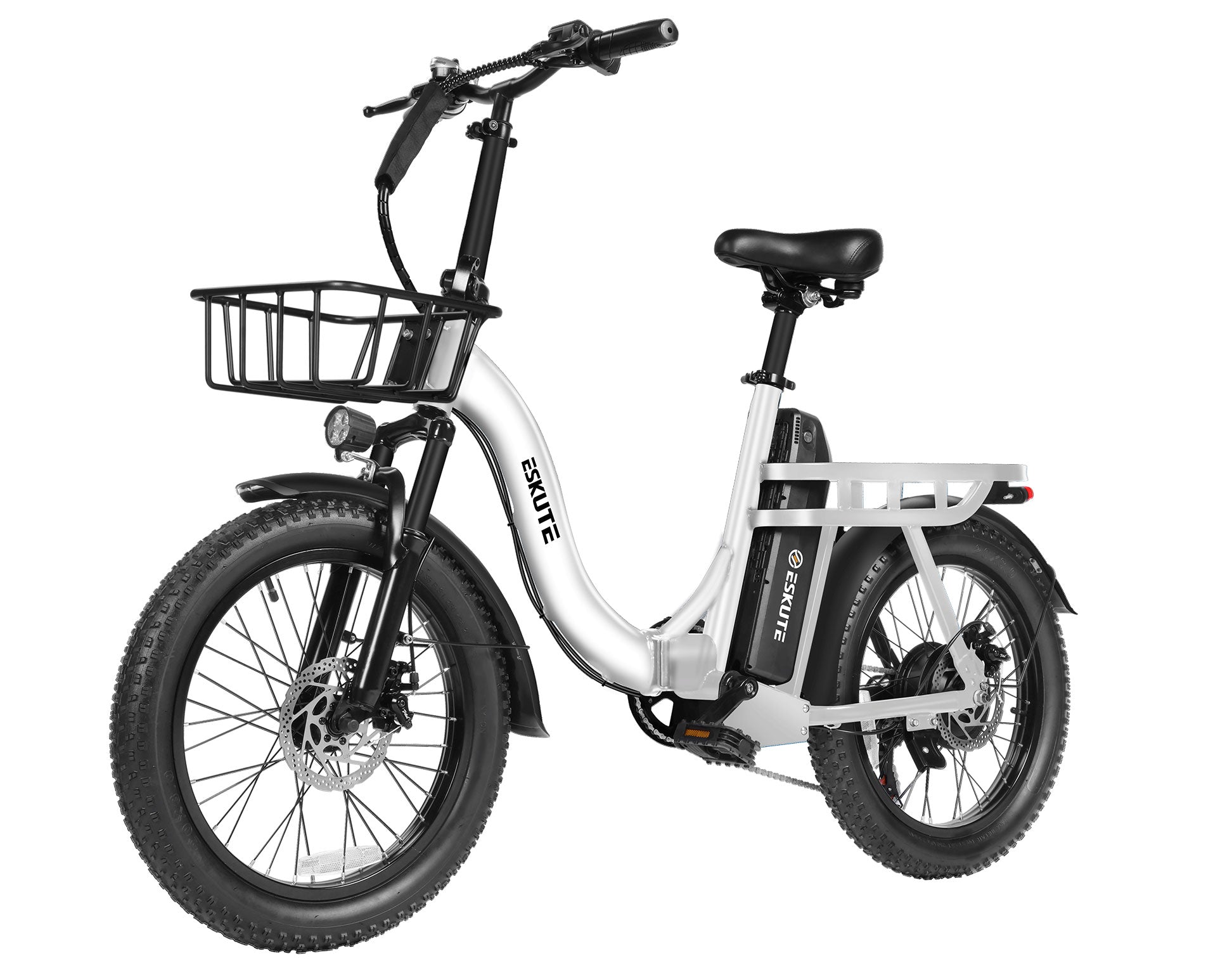 White electric bike with a basket on a white background