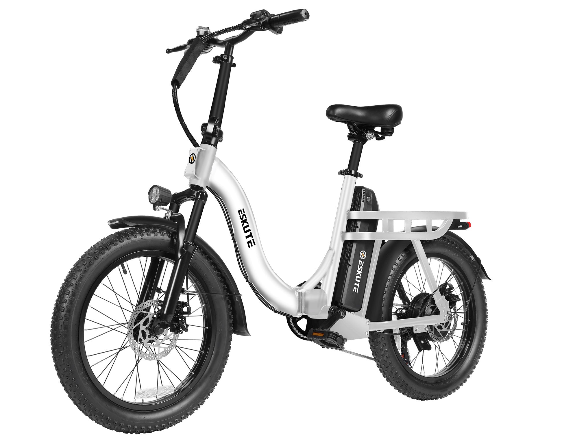 White electric bike with black handlebars and seat on a white background