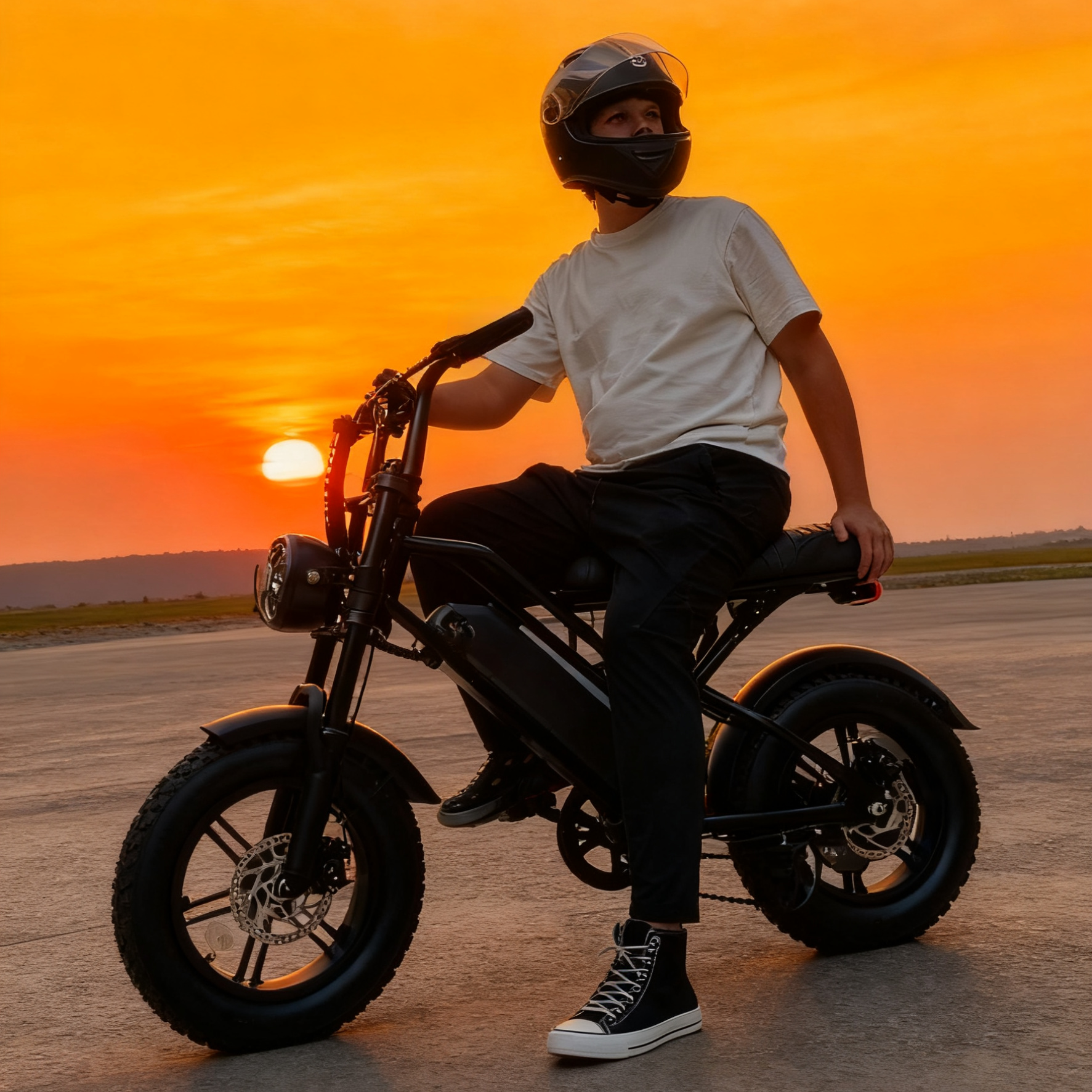 Person sitting on a motorcycle with a sunset in the background