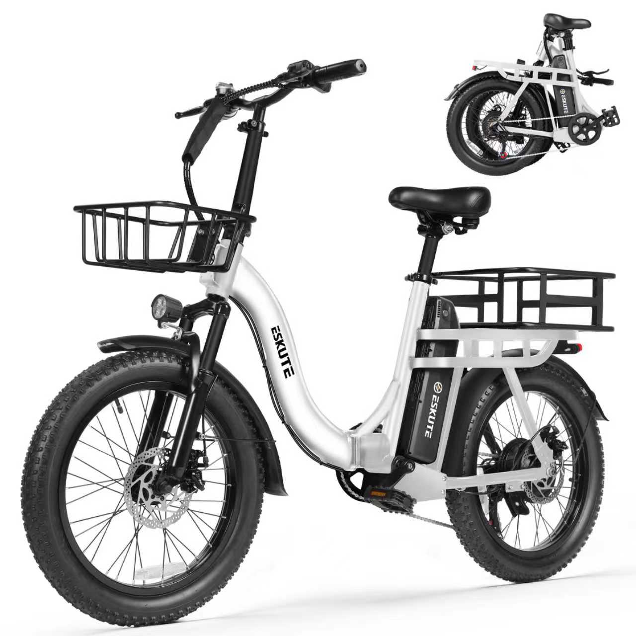 White electric bike with black basket and seat, featuring the brand 'Eunorau', on a white background.