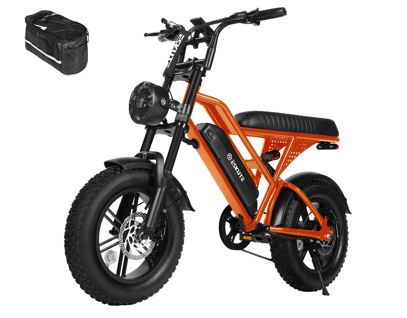 Orange electric bike with black seat and bag on a white background