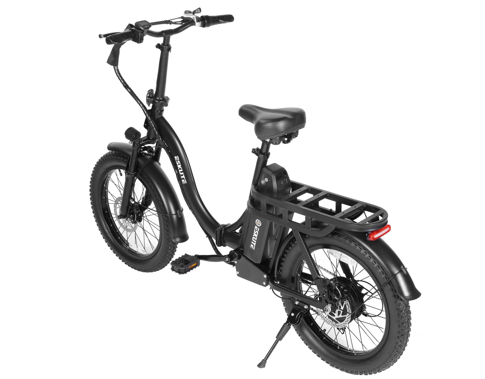 Black electric bike with a basket on a white background