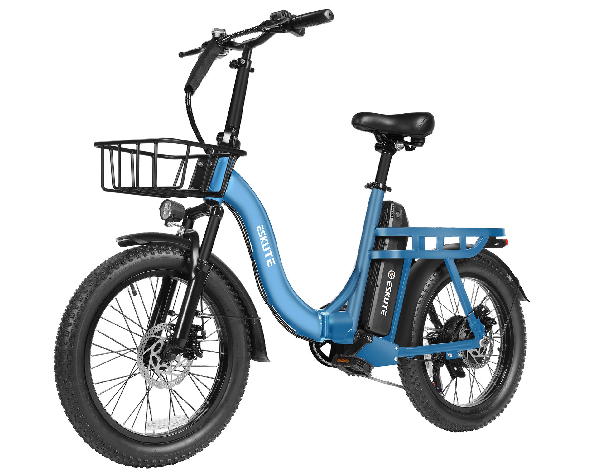 Blue electric bike with a basket on a white background