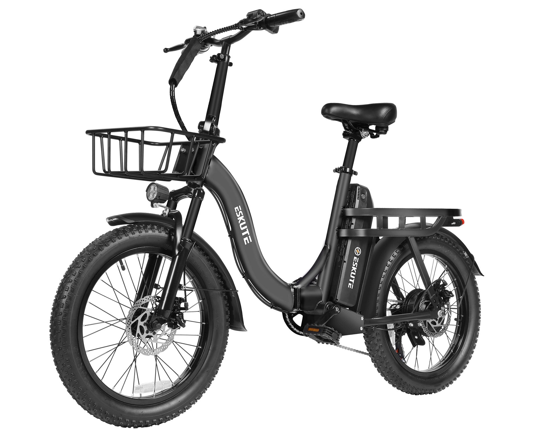Black electric bike with a basket on a white background