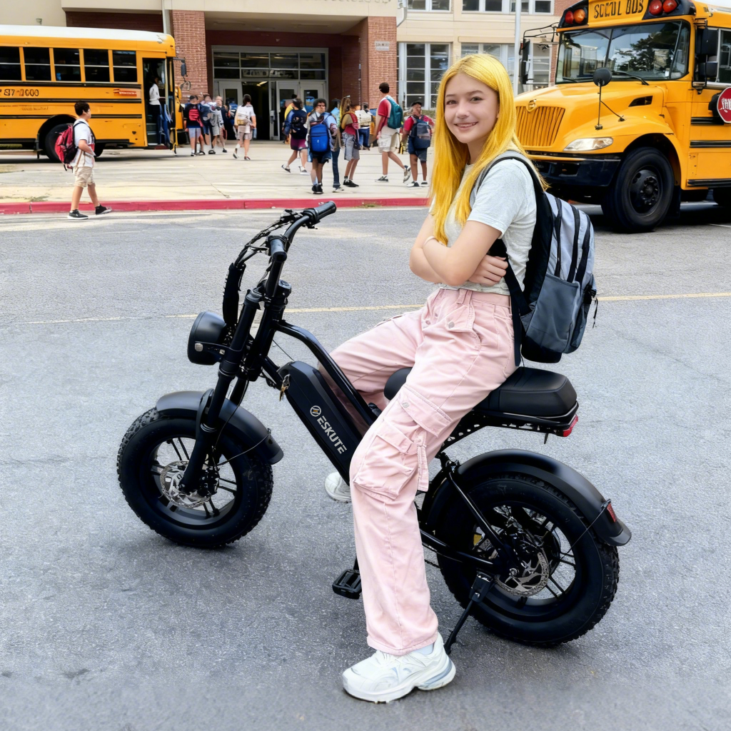 Person with yellow hair sitting on a black electric scooter in front of school buses.