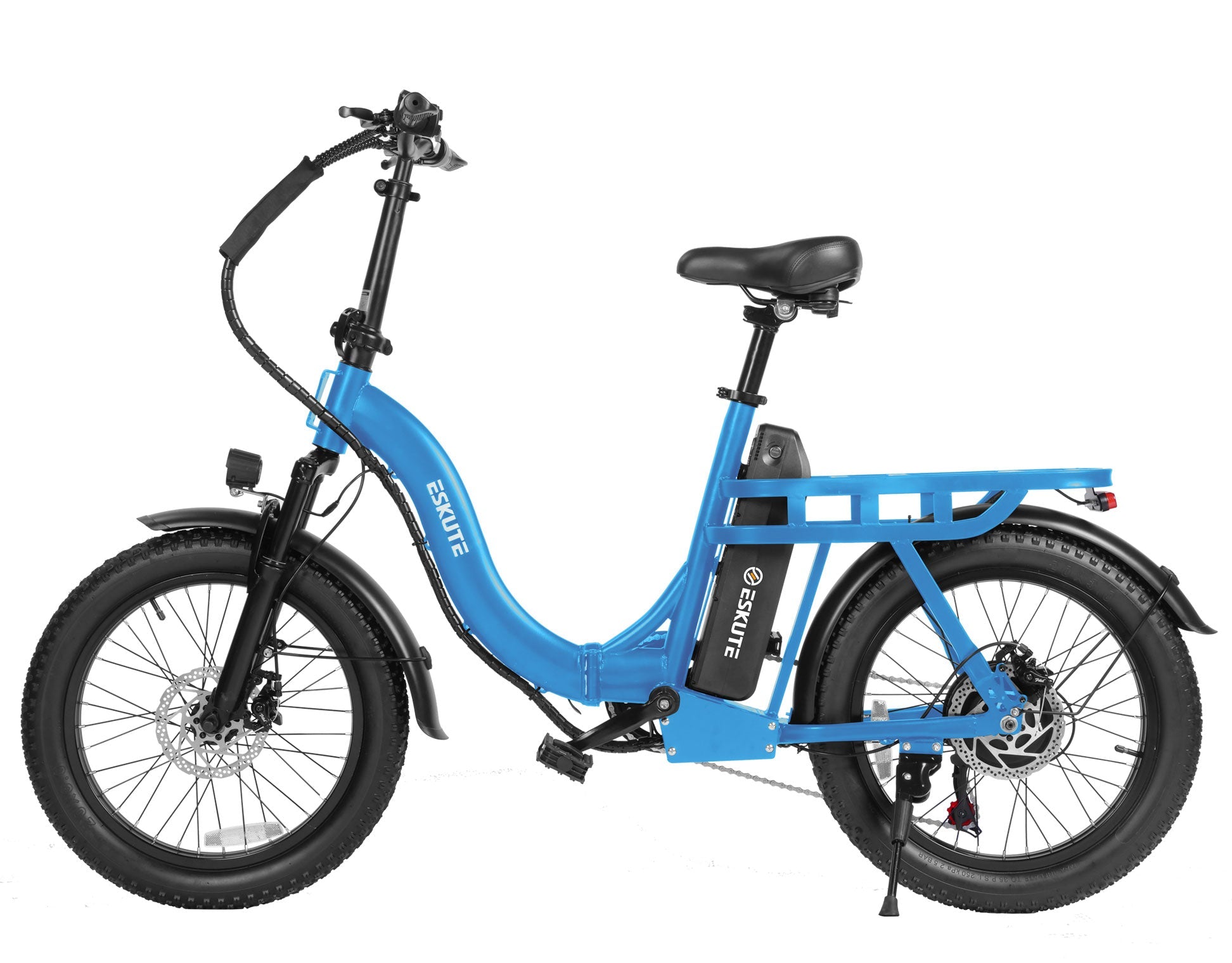 Blue electric bike with black seat on a white background