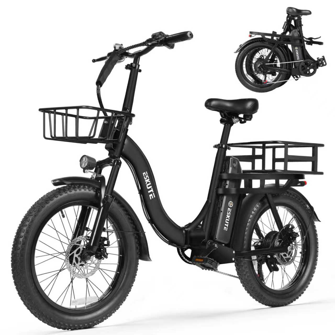 Black electric bike with front basket and folded bike inset on white background